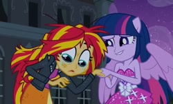 Size: 1021x618 | Tagged: safe, screencap, character:sunset shimmer, character:twilight sparkle, character:twilight sparkle (alicorn), species:alicorn, species:pony, equestria girls:equestria girls, g4, my little pony:equestria girls, bare shoulders, clothing, dress, fall formal outfits, ponied up, sleeveless, smiling, strapless