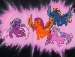 Size: 1010x772 | Tagged: safe, screencap, character:bright glow, character:dazzle glow, character:happy glow, character:star glow, species:alicorn, species:pegasus, species:pony, g1, my little pony tales, animation cel, female, flying, mare, spot the alicorn