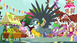 Size: 1920x1080 | Tagged: safe, screencap, character:cloud kicker, character:gabby, character:golden crust, character:midnight snack, character:spike, episode:dragon dropped, g4, my little pony: friendship is magic, friendship student