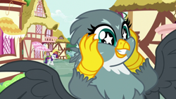 Size: 1920x1080 | Tagged: safe, screencap, character:gabby, character:rarity, species:griffon, species:pony, species:unicorn, episode:dragon dropped, g4, my little pony: friendship is magic, bubbly, claws, cute, excited, female, flying, gabbybetes, grin, imminent crash, mare, ponyville, smiling, spread wings, starry eyes, talons, turquiose eyes, unaware, walking, wingding eyes, wings