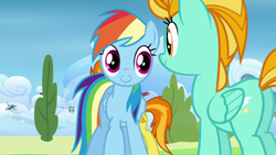 Size: 1280x720 | Tagged: safe, screencap, character:lightning dust, character:rainbow dash, character:spitfire, species:pegasus, species:pony, episode:wonderbolts academy, butt, cute, cutie mark, dashabetes, duo focus, dustabetes, female, folded wings, introduction, looking at each other, magenta eyes, mare, multicolored hair, obscured face, orange eyes, plot, smiling