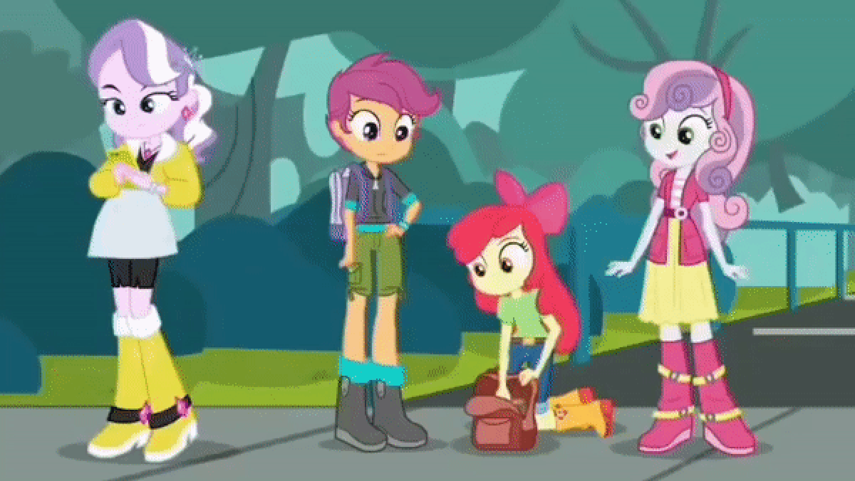 Size: 1200x676 | Tagged: safe, screencap, character:apple bloom, character:diamond tiara, character:scootaloo, character:sweetie belle, species:pegasus, species:pony, episode:fomo, g4, my little pony:equestria girls, animated, apple bloom's bow, backpack, book, boots, bow, cellphone, clothing, cutie mark crusaders, gif, hair bow, jacket, jeans, jewelry, looking at something, necklace, pants, phone, shirt, shoes, shorts, skirt, smiling, taxi, tree