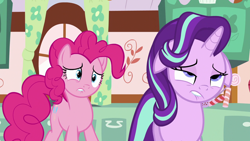 Size: 1920x1080 | Tagged: safe, screencap, character:pinkie pie, character:starlight glimmer, species:earth pony, species:pony, species:unicorn, episode:no second prances, g4, my little pony: friendship is magic, duo, female, floppy ears, lidded eyes, lip bite, mare, unf