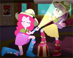 Size: 2270x1812 | Tagged: safe, screencap, character:pinkie pie, character:sweetie belle, episode:the canterlot movie club, eqg summertime shorts, g4, my little pony:equestria girls, belt, boots, bracelet, clothing, cropped, food, hat, jewelry, lantern, making faces with a flashlight, on one leg, popcorn, poster, shirt, shoes, skirt