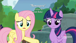 Size: 1600x900 | Tagged: safe, screencap, character:fluttershy, character:twilight sparkle, character:twilight sparkle (alicorn), species:alicorn, species:pony, episode:memnagerie, 9now, credits, josh haber, outdoors, sweet feather sanctuary, sweetfeather sanctuary, title, watermark, worried