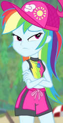 Size: 378x739 | Tagged: safe, screencap, character:pinkie pie, character:rainbow dash, equestria girls:forgotten friendship, g4, my little pony:equestria girls, beach umbrella, bikini, bikini top, blurred background, board shorts, cap, clothing, cloud, cropped, crossed arms, cute, dashabetes, female, forest background, geode of super speed, hat, jewelry, legs, lidded eyes, magical geodes, midriff, necklace, outdoors, rainbow, rainbow dash is not amused, sexy, shorts, sleeveless, sun, swimsuit, thighs, unamused