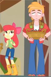 Size: 993x1514 | Tagged: safe, screencap, character:apple bloom, character:big mcintosh, equestria girls:holidays unwrapped, g4, my little pony:equestria girls, apple, apple bloom's bow, basket, blank eyes, boots, bow, clothing, cropped, faec, food, great moments in animation, hair bow, jeans, looking at someone, looking up, ohgodwhat, pants, shirt, shoes, the cider louse fools