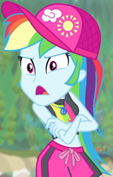 Size: 527x826 | Tagged: safe, screencap, character:rainbow dash, equestria girls:forgotten friendship, g4, my little pony:equestria girls, angry, bikini, bikini top, blurred background, board shorts, cap, clothing, cloud, cropped, crossed arms, female, forest background, geode of super speed, hat, jewelry, legs, magical geodes, midriff, necklace, outdoors, rainbow, shorts, sleeveless, solo, sun, swimsuit, talking, thighs, thunderbolt