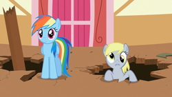 Size: 1920x1080 | Tagged: safe, screencap, character:derpy hooves, character:rainbow dash, species:pegasus, species:pony, episode:the last roundup, g4, my little pony: friendship is magic, hole
