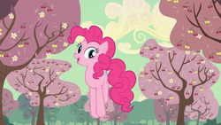 Size: 1920x1080 | Tagged: safe, screencap, character:pinkie pie, species:earth pony, species:pony, episode:the last roundup, g4, my little pony: friendship is magic, cherry, cherry tree, food, solo, tree