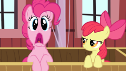 Size: 1920x1080 | Tagged: safe, screencap, character:apple bloom, character:pinkie pie, species:earth pony, species:pony, episode:the last roundup, g4, my little pony: friendship is magic, apple bloom is not amused, bow, duo, faec, mane bow, unamused