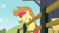 Size: 1920x1080 | Tagged: safe, screencap, character:apple bloom, species:earth pony, species:pony, episode:the last roundup, g4, my little pony: friendship is magic, applejack's hat, clothing, cowboy hat, fence, hat, hay bale, solo