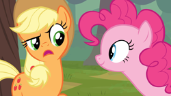 Size: 1920x1080 | Tagged: safe, screencap, character:applejack, character:pinkie pie, species:earth pony, species:pony, episode:the last roundup, g4, my little pony: friendship is magic, asking, duo, female, looking at each other, mare, ponytail, raised eyebrow, smiling, suspicious