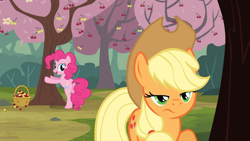 Size: 1920x1080 | Tagged: safe, screencap, character:applejack, character:pinkie pie, species:earth pony, species:pony, episode:the last roundup, g4, my little pony: friendship is magic, basket, cherry, cherry tree, food, tree
