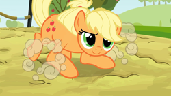 Size: 1920x1080 | Tagged: safe, screencap, character:applejack, species:earth pony, species:pony, episode:the last roundup, g4, my little pony: friendship is magic, confident, female, green eyes, landing, mare, narrowed eyes, smiling, solo, training