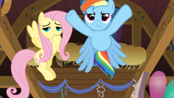 Size: 1920x1080 | Tagged: safe, screencap, character:fluttershy, character:rainbow dash, species:pegasus, species:pony, episode:the last roundup, g4, my little pony: friendship is magic, balloon, barn