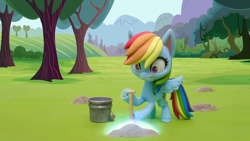Size: 1920x1080 | Tagged: safe, screencap, character:rainbow dash, species:pegasus, species:pony, g4.5, my little pony: stop motion short, my little pony:pony life, bucket, digging, gem of a problem, shocked, shovel, solo, stop motion