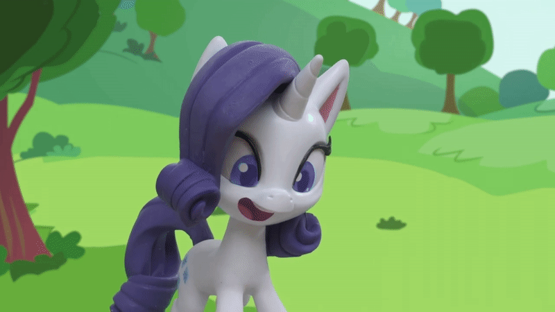 Size: 800x450 | Tagged: safe, screencap, character:rarity, species:pony, species:unicorn, g4.5, my little pony: stop motion short, my little pony:pony life, animated, eyes closed, female, gem of a problem, gif, happy, looking at something, mare, outdoors, smiling, solo, stop motion, tree