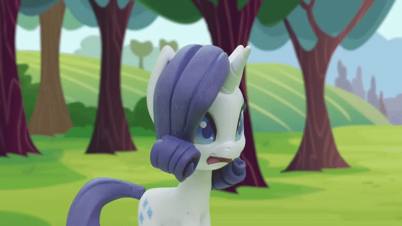Size: 800x450 | Tagged: safe, screencap, character:rarity, species:pony, species:unicorn, episode:overpowered, g4, g4.5, my little pony: stop motion short, my little pony:equestria girls, my little pony:pony life, animated, bipedal, gem, gem of a problem, gif, happy, hooves up, levitation, looking at something, magic, magic aura, magic surge, outdoors, scared, solo, stop motion, surprised, telekinesis, tree, worried