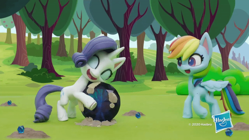 Size: 800x450 | Tagged: safe, screencap, character:rainbow dash, character:rarity, species:pegasus, species:pony, species:unicorn, g4.5, my little pony: stop motion short, my little pony:pony life, animated, bipedal, blech, dirt, dirty, gem, gem of a problem, gif, happy, hasbro logo, kissing, mistakes were made, outdoors, smiling, stop motion, sudden realization, tree, wings