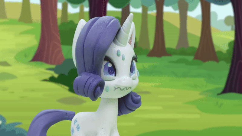 Size: 800x450 | Tagged: safe, screencap, character:rarity, species:pony, species:unicorn, g4.5, my little pony: stop motion short, my little pony:pony life, animated, blinking, gem of a problem, gif, nervous, solo, stop motion, sweat, sweatdrop