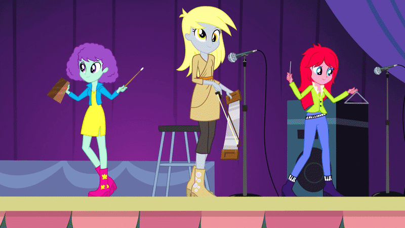 Size: 800x450 | Tagged: safe, screencap, character:derpy hooves, equestria girls:rainbow rocks, g4, my little pony:equestria girls, animated, bell, blueberry pie, cowbell, female, microphone, musical instrument, musical saw, raspberry fluff, speaker, the muffins, triangle, trio, trio female
