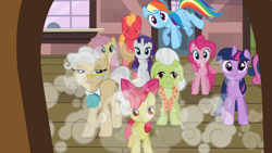 Size: 1920x1080 | Tagged: safe, screencap, character:apple bloom, character:big mcintosh, character:bon bon, character:fluttershy, character:granny smith, character:mayor mare, character:pinkie pie, character:rainbow dash, character:rarity, character:sweetie drops, character:twilight sparkle, species:earth pony, species:pegasus, species:pony, species:unicorn, episode:the last roundup, g4, my little pony: friendship is magic, train