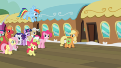 Size: 1920x1080 | Tagged: safe, screencap, character:apple bloom, character:applejack, character:big mcintosh, character:bon bon, character:fluttershy, character:granny smith, character:mayor mare, character:pinkie pie, character:rainbow dash, character:rarity, character:sweetie drops, character:twilight sparkle, species:earth pony, species:pegasus, species:pony, species:unicorn, episode:the last roundup, g4, my little pony: friendship is magic, train