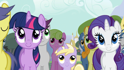 Size: 1920x1080 | Tagged: safe, screencap, character:carrot top, character:comet tail, character:dinky hooves, character:golden harvest, character:neon lights, character:orion, character:pokey pierce, character:rarity, character:rising star, character:twilight sparkle, character:written script, species:earth pony, species:pony, species:unicorn, episode:the last roundup, g4, my little pony: friendship is magic, cute, cutie top, dinkabetes, raribetes, smiling, sunshine hearts, sunshinedorable, twiabetes