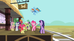 Size: 1920x1080 | Tagged: safe, screencap, character:apple bloom, character:big mcintosh, character:bon bon, character:fluttershy, character:granny smith, character:pinkie pie, character:rainbow dash, character:rarity, character:sweetie drops, character:twilight sparkle, species:earth pony, species:pegasus, species:pony, species:unicorn, episode:the last roundup, g4, my little pony: friendship is magic, train station