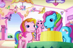 Size: 720x480 | Tagged: safe, screencap, character:cotton candy (g3), character:rainbow dash (g3), character:rarity (g3), character:tiddlywink, character:tra-la-la, character:zipzee, species:breezies, species:earth pony, species:pony, species:unicorn, episode:the runaway rainbow, g3, animated, cute, diabreezies, dubbing, fabuleuse, female, filly, french, g3 dashabetes, g3 raribetes, introduction, looking at each other, looking at you, mare, smiling, sound, webm