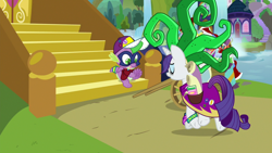 Size: 1920x1080 | Tagged: safe, screencap, character:mane-iac, character:rarity, character:spike, species:dragon, episode:dragon dropped, g4, my little pony: friendship is magic, cart, clothing, comic book, cosplay, costume, school of friendship, twilight's castle, winged spike