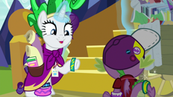 Size: 1920x1080 | Tagged: safe, screencap, character:mane-iac, character:rarity, character:spike, species:dragon, episode:dragon dropped, g4, my little pony: friendship is magic, cart, clothing, comic book, cosplay, costume, twilight's castle, winged spike