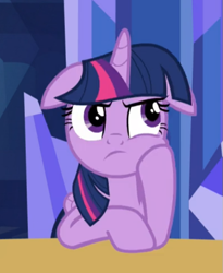 Size: 519x632 | Tagged: safe, screencap, character:twilight sparkle, character:twilight sparkle (alicorn), species:alicorn, species:pony, episode:made in manehattan, g4, my little pony: friendship is magic, angry, bored, cheek squish, cropped, cute, female, floppy ears, frown, madorable, mare, solo, squishy cheeks, table, twilight is not amused, unamused