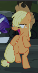 Size: 487x931 | Tagged: safe, screencap, character:applejack, episode:made in manehattan, g4, my little pony: friendship is magic, big mouth, bipedal, cropped, faec, great moments in animation, happy, open mouth, solo