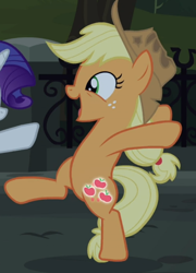Size: 648x899 | Tagged: safe, screencap, character:applejack, species:pony, episode:made in manehattan, g4, my little pony: friendship is magic, bipedal, cropped, cute, glowing cutie mark, happy, jackabetes, offscreen character, open mouth, silly, silly pony, smiling, solo, who's a silly pony