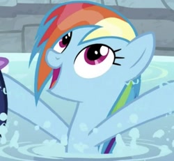 Size: 654x603 | Tagged: safe, screencap, character:rainbow dash, character:twilight sparkle, character:twilight sparkle (alicorn), species:alicorn, species:pegasus, species:pony, episode:deep tissue memories, cropped, cute, dashabetes, offscreen character, solo focus, water, wet mane, wet mane rainbow dash