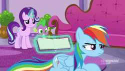 Size: 1280x720 | Tagged: safe, screencap, character:rainbow dash, character:spike, character:starlight glimmer, episode:deep tissue memories, 9now, cute, dashabetes, rainbow dash is not amused, unamused