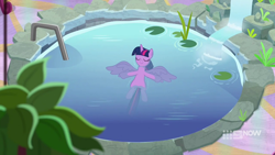 Size: 1280x720 | Tagged: safe, screencap, character:twilight sparkle, character:twilight sparkle (alicorn), species:alicorn, species:pony, episode:deep tissue memories, eyes closed, female, floating, mare, ponyville spa, relaxing, water