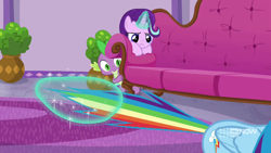 Size: 1280x720 | Tagged: safe, screencap, character:rainbow dash, character:spike, character:starlight glimmer, episode:deep tissue memories, tail, tail pull