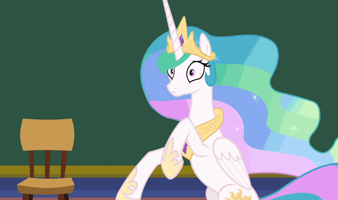 Size: 1377x817 | Tagged: safe, screencap, character:princess celestia, species:alicorn, species:pony, episode:horse play, g4, my little pony: friendship is magic, animated, cute, cutelestia, female, gif, hoofy-kicks, majestic as fuck, mare, sillestia, silly, silly pony, wide eyes