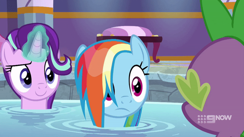 Size: 800x450 | Tagged: safe, screencap, character:rainbow dash, character:spike, character:starlight glimmer, species:dragon, species:pegasus, species:pony, species:unicorn, episode:deep tissue memories, amused, animated, diving, facehoof, female, frown, gif, glowing horn, groan, hair flip, magic, male, mare, mood swing, multicolored hair, offscreen character, ponyville spa, rainbow dash is not amused, raised eyebrow, smiling, smirk, trio, unamused, wet mane rainbow dash