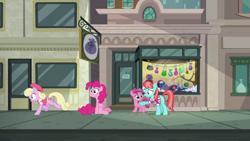 Size: 1920x1080 | Tagged: safe, screencap, character:luckette, character:pinkie pie, character:ruby pinch, character:strawberry ice, episode:the gift of the maud pie, g4, my little pony: friendship is magic, female, filly, running, sitting