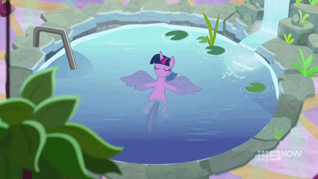 Size: 640x360 | Tagged: safe, screencap, character:twilight sparkle, character:twilight sparkle (alicorn), species:alicorn, species:pony, episode:deep tissue memories, animated, cute, eyes closed, female, floating, flowing mane, gif, mare, pleased, pond, relaxing, sigh, smiling, solo, spa, spread wings, swimming pool, twiabetes, wings