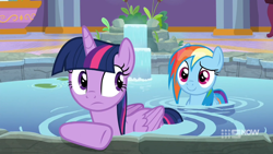 Size: 1280x720 | Tagged: safe, screencap, character:rainbow dash, character:twilight sparkle, character:twilight sparkle (alicorn), species:alicorn, species:pegasus, species:pony, episode:deep tissue memories, duo, female, folded wings, frown, hot tub, looking at each other, looking back, mare, multicolored hair, ponyville spa, raised eyebrow, smiling, water, wet mane, wet mane rainbow dash