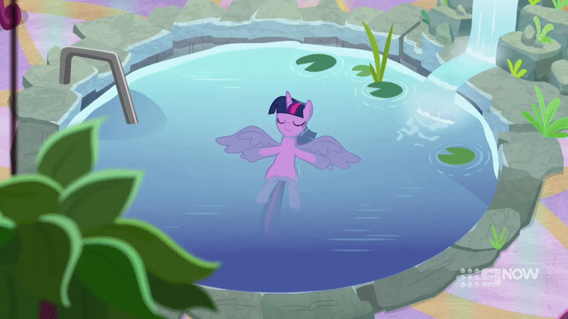 Size: 800x450 | Tagged: safe, screencap, character:rainbow dash, character:twilight sparkle, character:twilight sparkle (alicorn), species:alicorn, species:pegasus, species:pony, episode:deep tissue memories, 9go, animated, duo, eyes closed, floating, gif, ponyville spa, relaxing, spa pony rainbow dash, startled, water, wet mane, wings