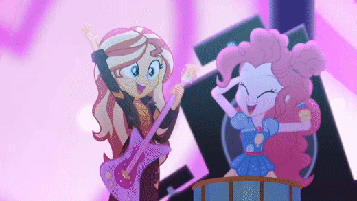 Size: 520x293 | Tagged: safe, screencap, character:kiwi lollipop, character:pinkie pie, character:sunset shimmer, equestria girls:sunset's backstage pass, g4, my little pony:equestria girls, animated, drums, guitar, kiwi lollipop, music festival outfit, musical instrument