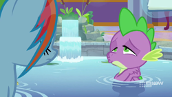 Size: 1280x720 | Tagged: safe, screencap, character:rainbow dash, character:spike, species:dragon, species:pegasus, species:pony, episode:deep tissue memories, faec, hands together, lidded eyes, out of context, ponyville spa, puckered lips, water, wet, wet mane, wet mane rainbow dash