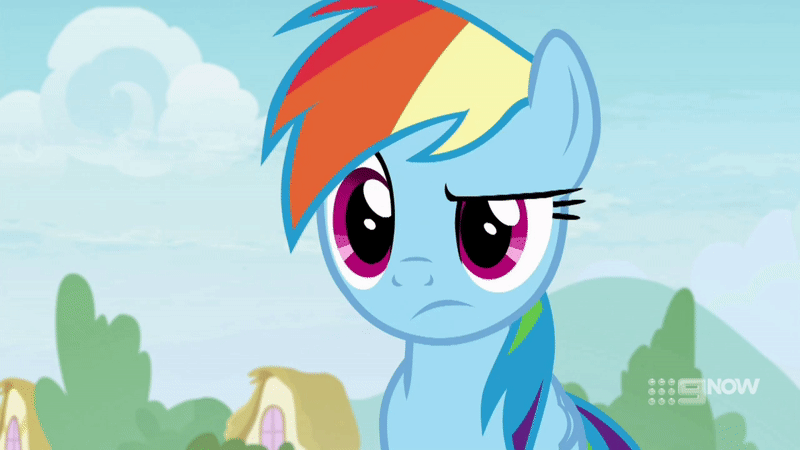 Size: 800x450 | Tagged: safe, screencap, character:rainbow dash, species:pegasus, species:pony, episode:deep tissue memories, 9now, animated, female, gif, mare, shrunken pupils, solo, surprised face, wide eyes
