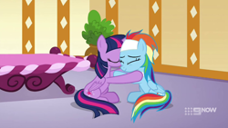 Size: 1280x720 | Tagged: safe, screencap, character:rainbow dash, character:twilight sparkle, character:twilight sparkle (alicorn), species:alicorn, species:pegasus, species:pony, episode:deep tissue memories, 9now, comforting, duo, eyes closed, hug, massage table, ponyville spa, sitting, smiling, spa pony rainbow dash, wings